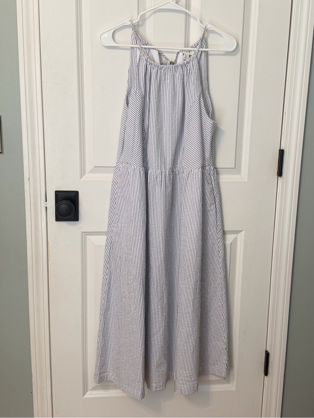 J. Crew Navy and White Pinstripe Halter Dress